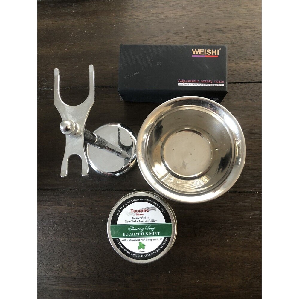 Vintage Weishi Safety Razor New in Box Black with Bowl Stand and Soap Tin